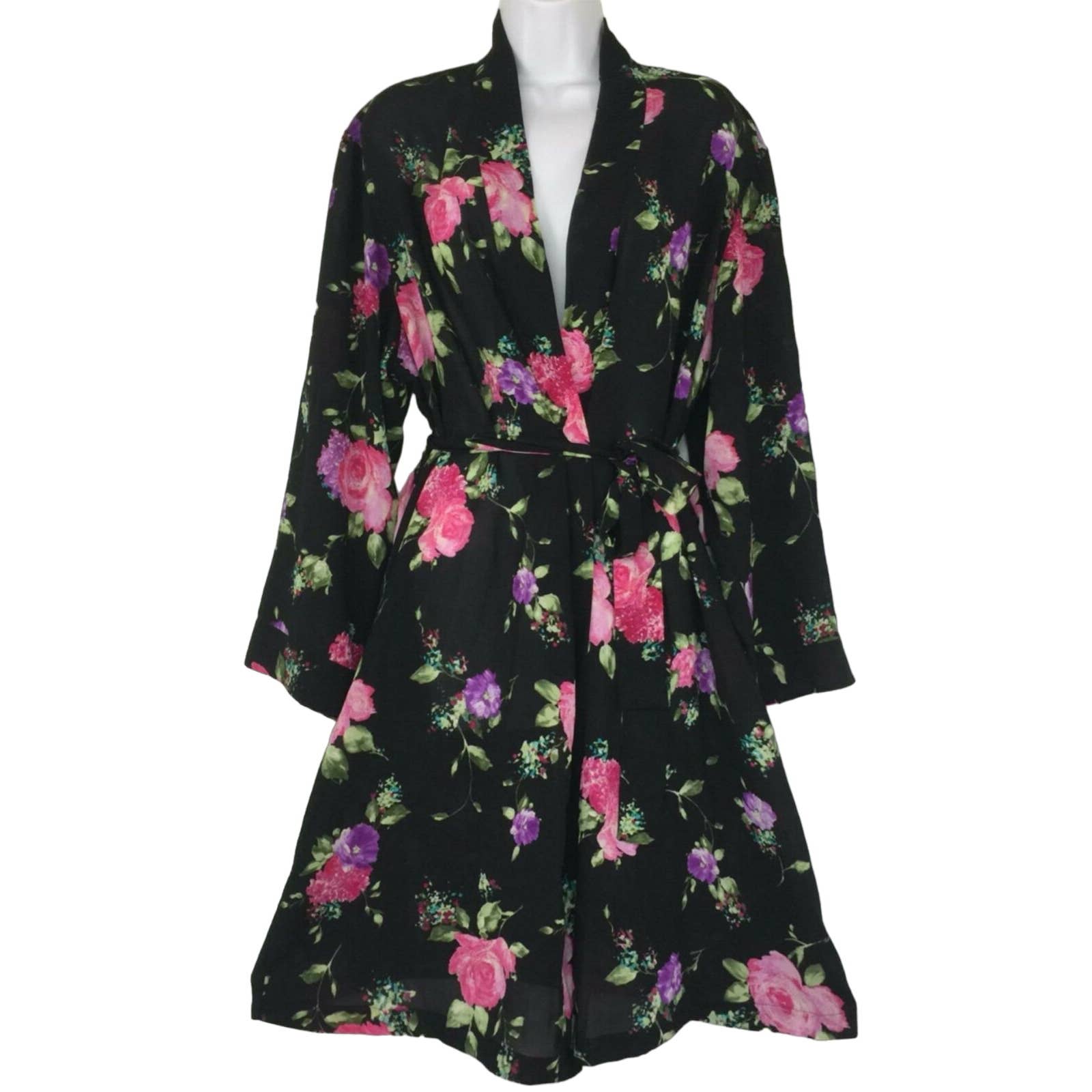 Ivy & Annabelle Robe Dressing Gown Size L Silky Poly Floral Pink Roses on Black