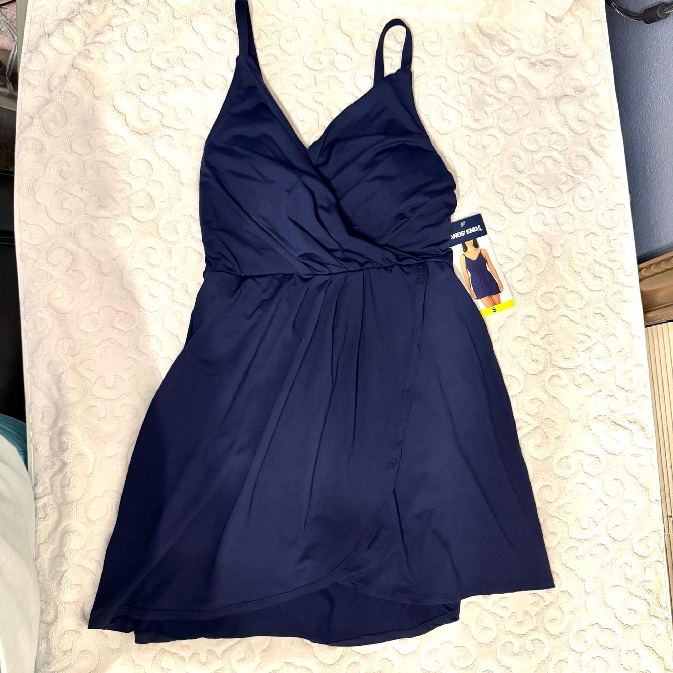 NWT Lands' End Blue One Piece Ruched Wrap Swimdress S Slimming Swimsuit