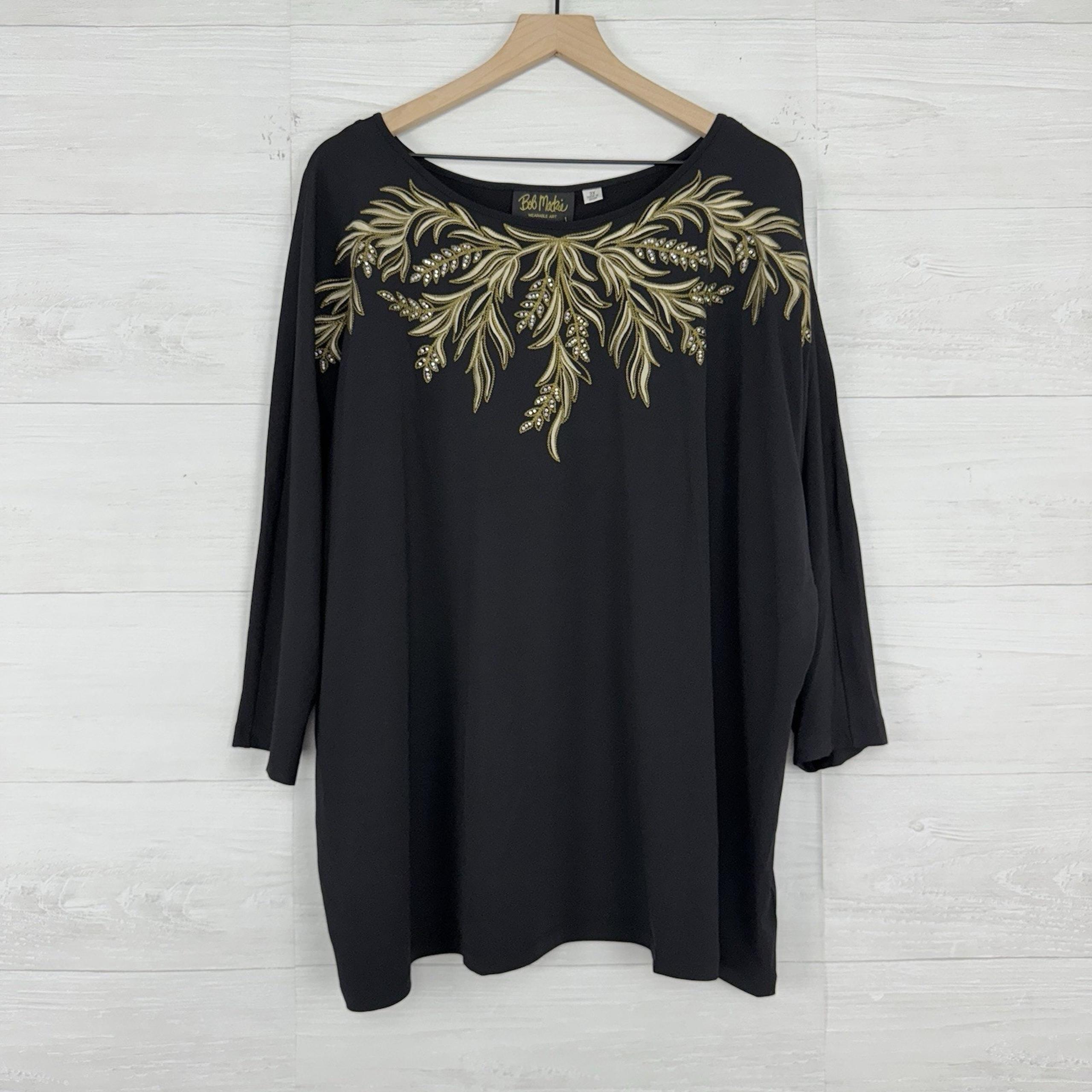 NWT Bob Mackie Embroidered Tunic Top Size 3X Black Slinky Artsy 3/4 Sleeves