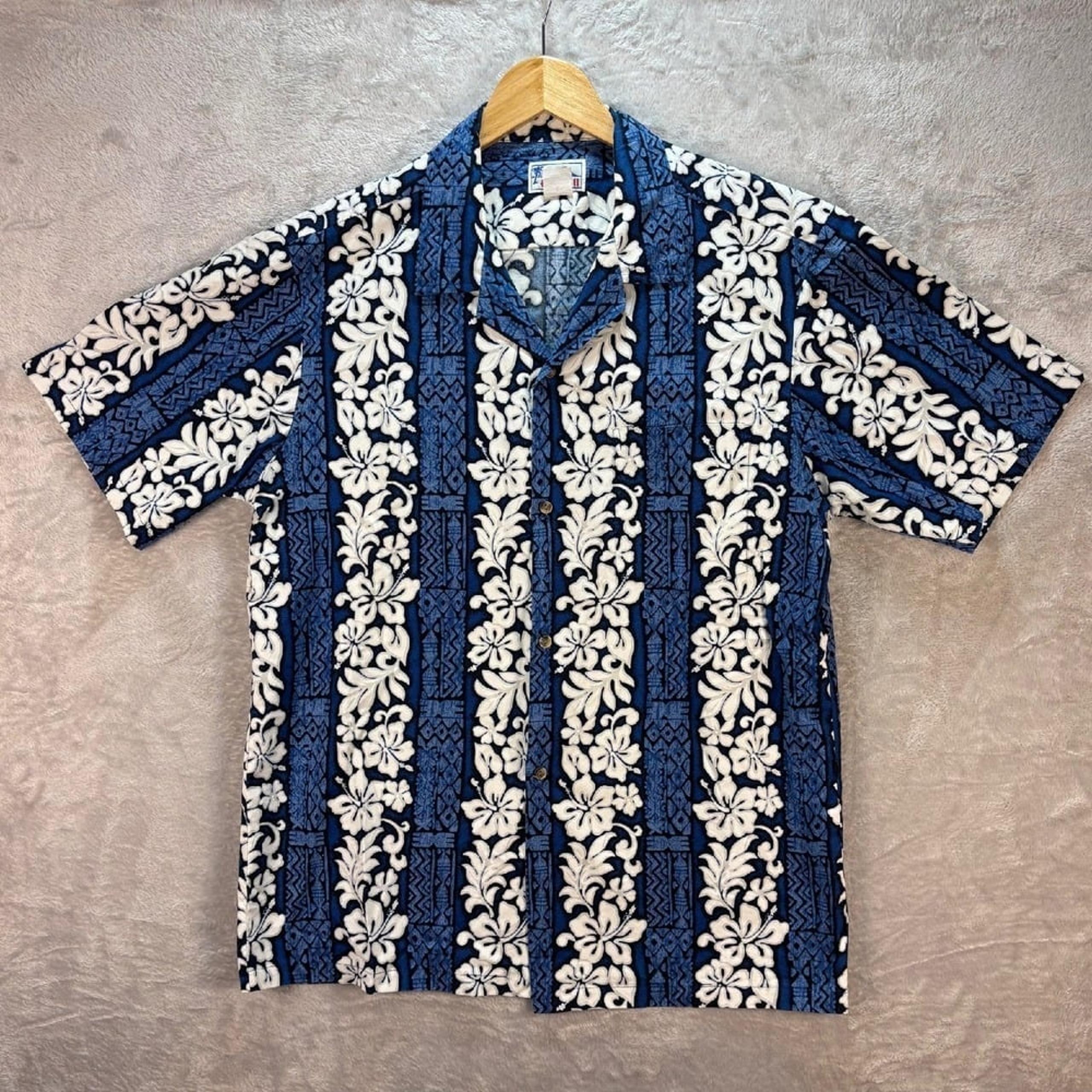 Hawaii Floral Hawaiian Shirt Mens Aloha Camp Short Sleeve Blue White Sz Large