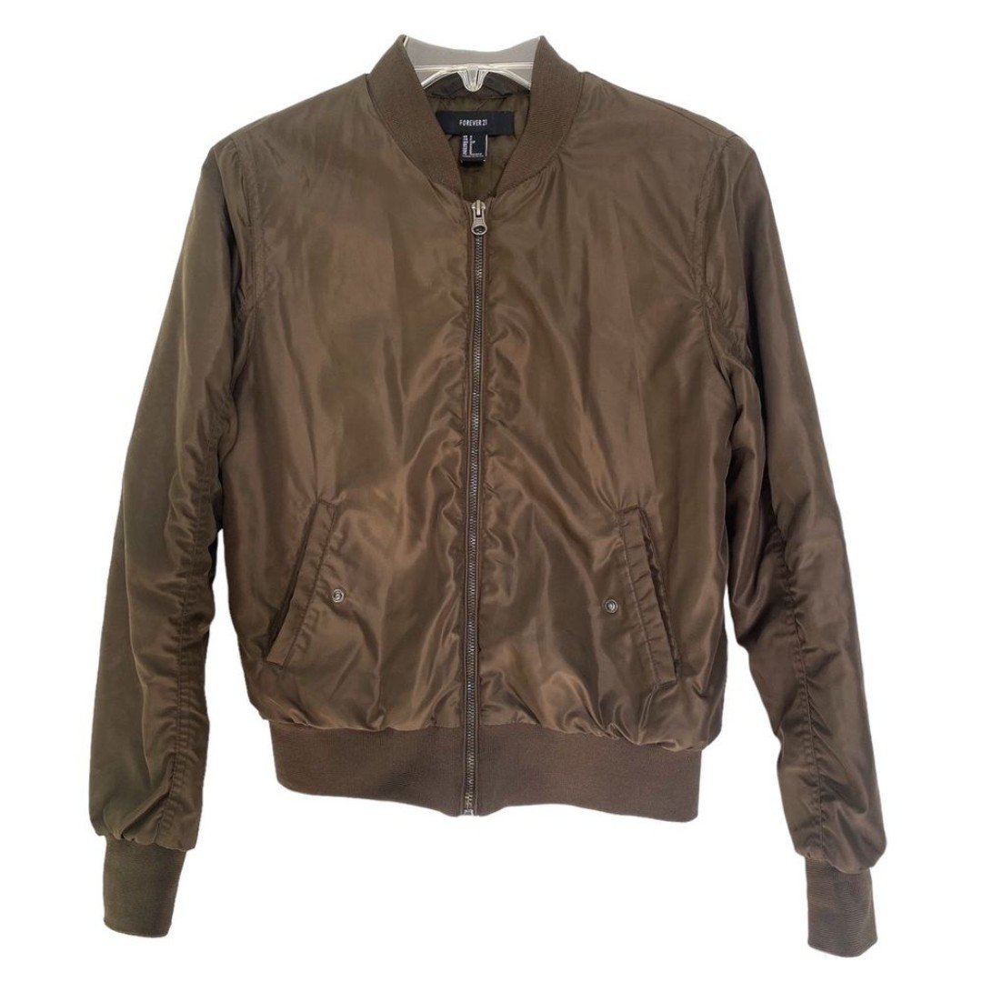 Forever 21 Olive Brown Crew Neck Bomber Fitted Jacket Size Small