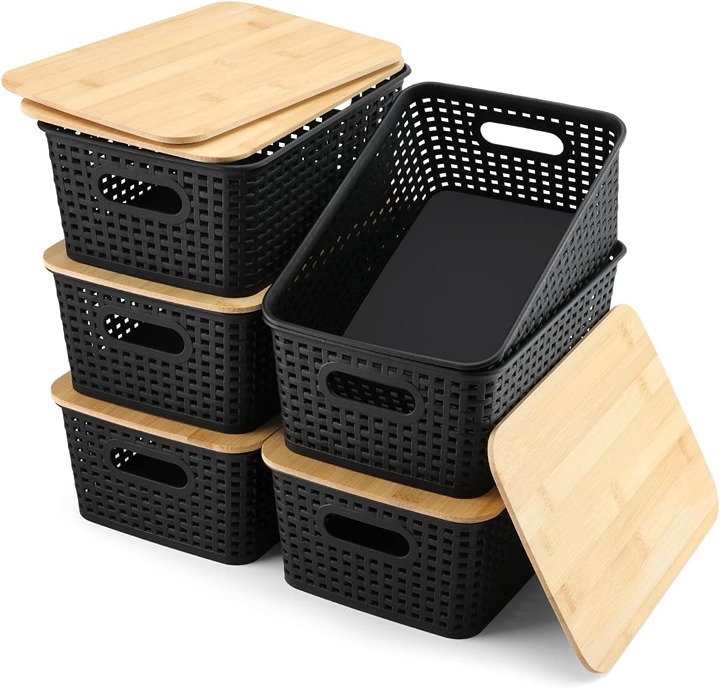Storage Bins with Bamboo Lids Set of 6 Lidded