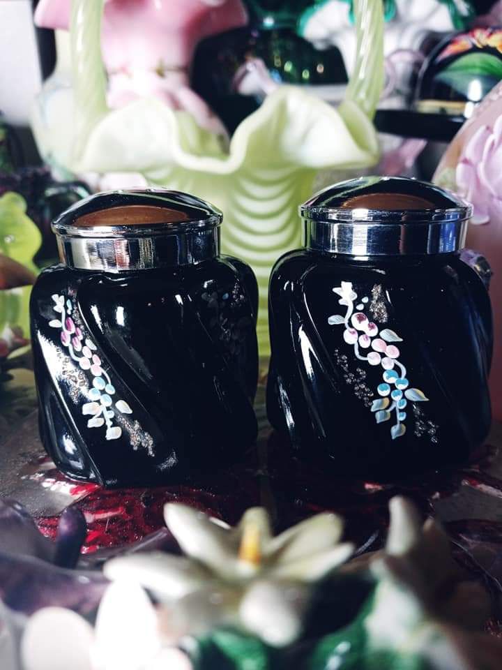 Fenton Salt and Pepper shakers ebony handpainted