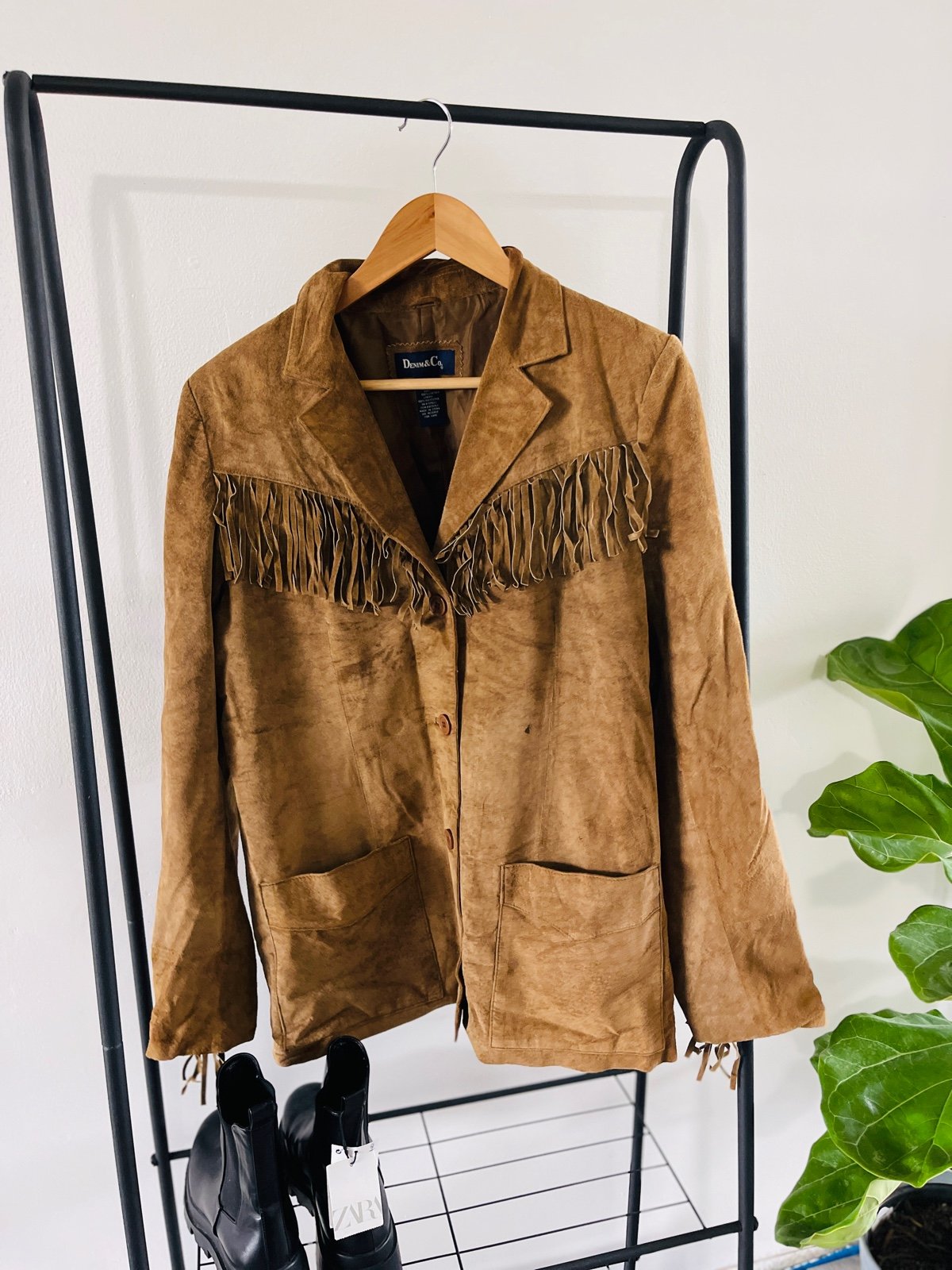 Vintage suede denim & co leather fringe jacket. Bin G