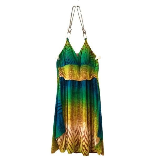 Grass Collection Backless Dress - Green, Blue, and Gold, Size Medium (M)