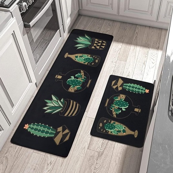 Cactus Kitchen Rug Set, Summer Farmhouse Decorations Black Pattern Runner Rugs