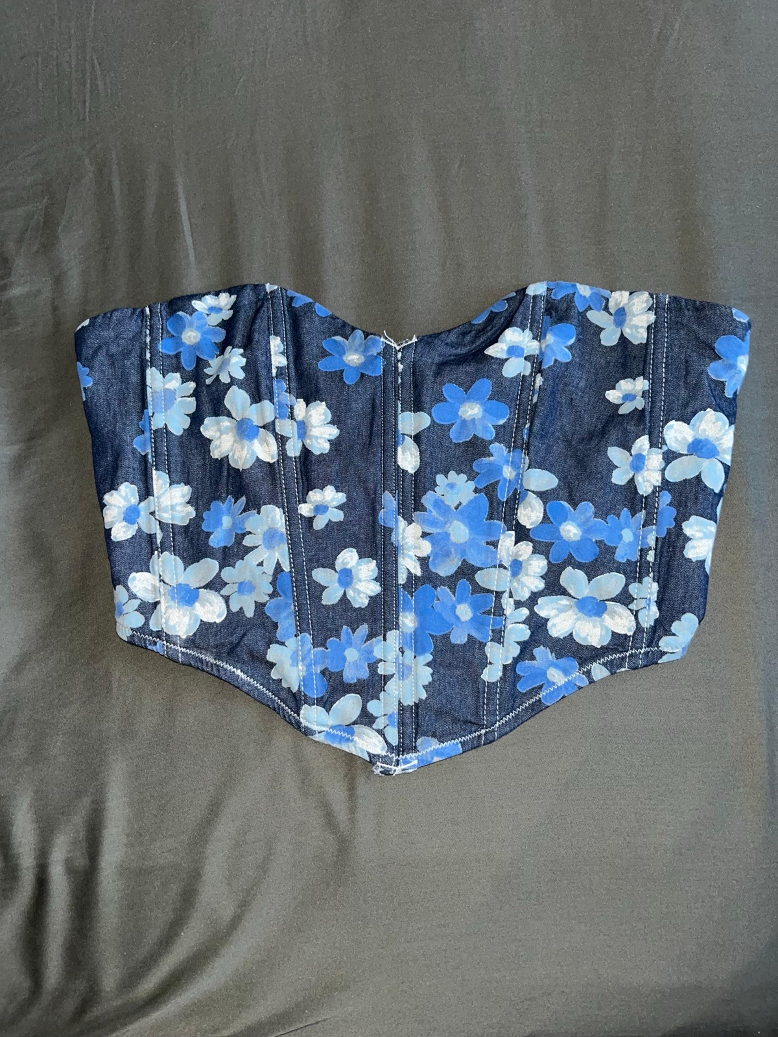 Floral Blue Denim Corset Top