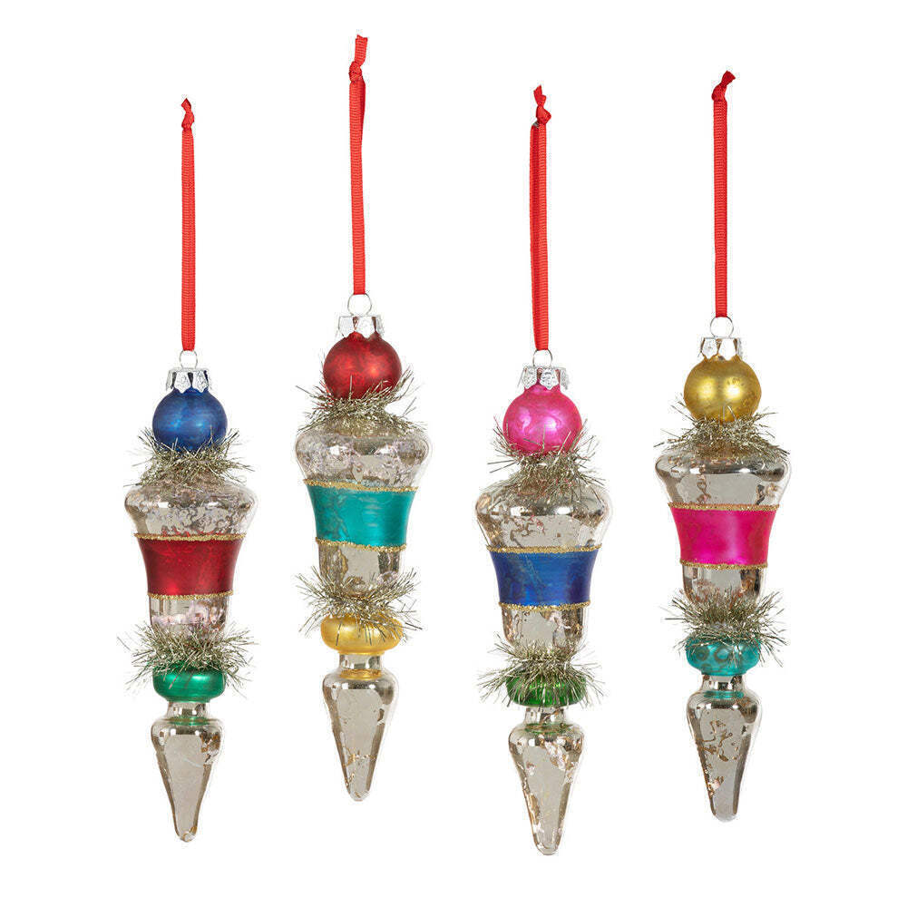 Retro Stripe and Tinsel Finial Ornament Set of 4
