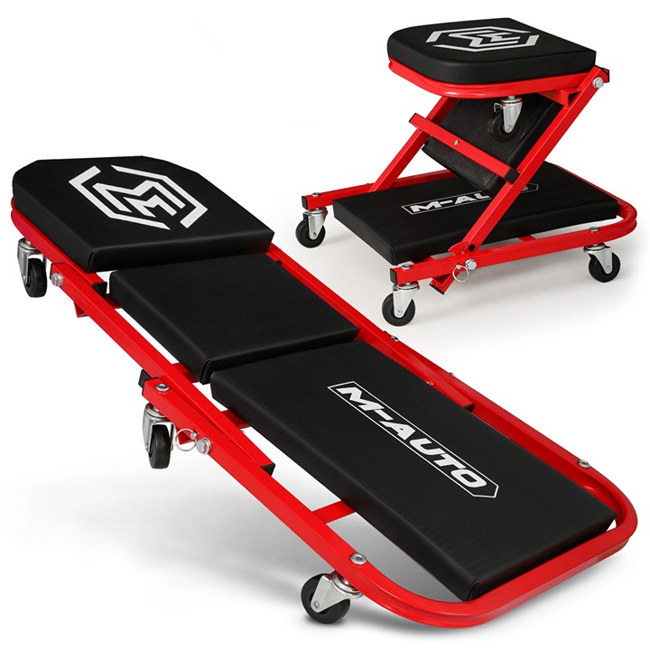 36 Red Foldable Creeper with Upholstered Seat Rolling Mechanic Vehicle Stool