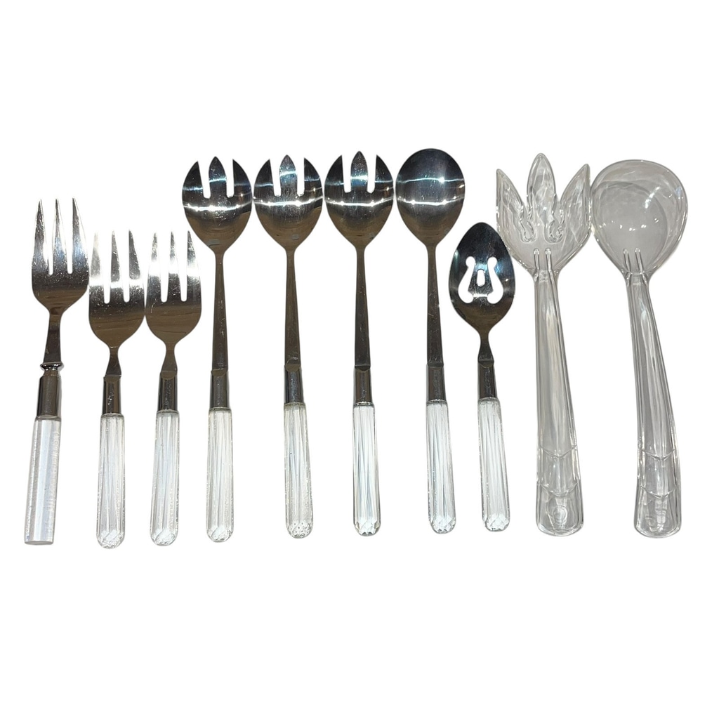 VTG Faceted Clear Lucite Handle Flatware Silverware Stainless Mixed Set Of 10
