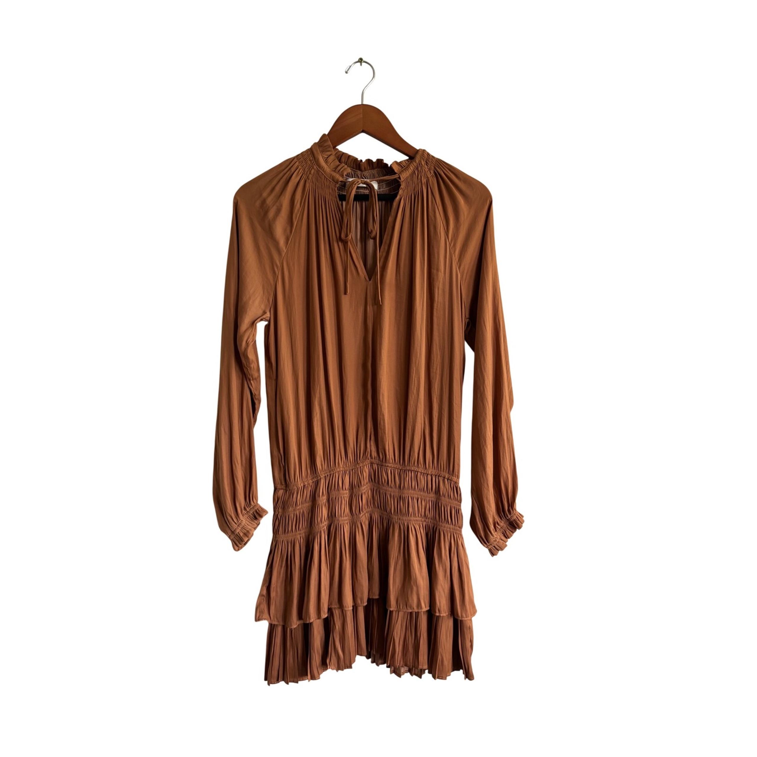 Mustard Seed Smocked Ruffle Mini Dress Tie Neck Long Sleeve Brown Size S