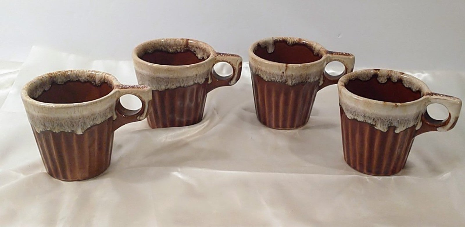 4 Coffee Mugs Brown Drip Glaze Pottery Ribbed Oven Proof USA Vintage MCM