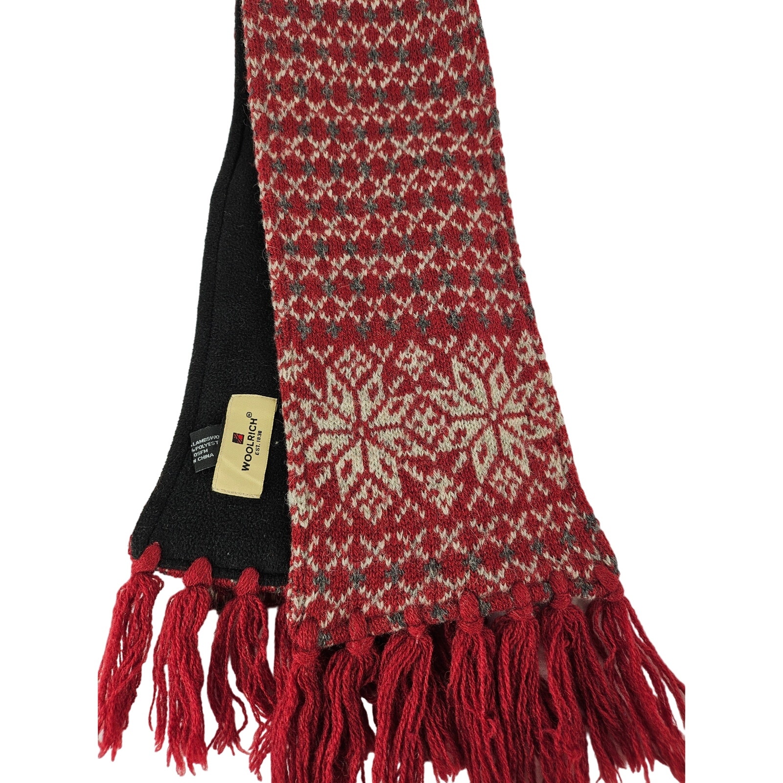 Woolrich Red and White 100% Wool Knitted Scarf with Snowflake Pattern