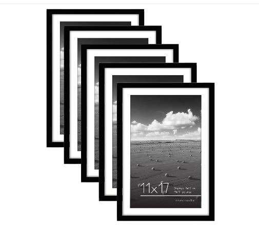 Picture Frame in Black - Set of 5 Frames - 9x15 With Mat and 11x17 without Mat