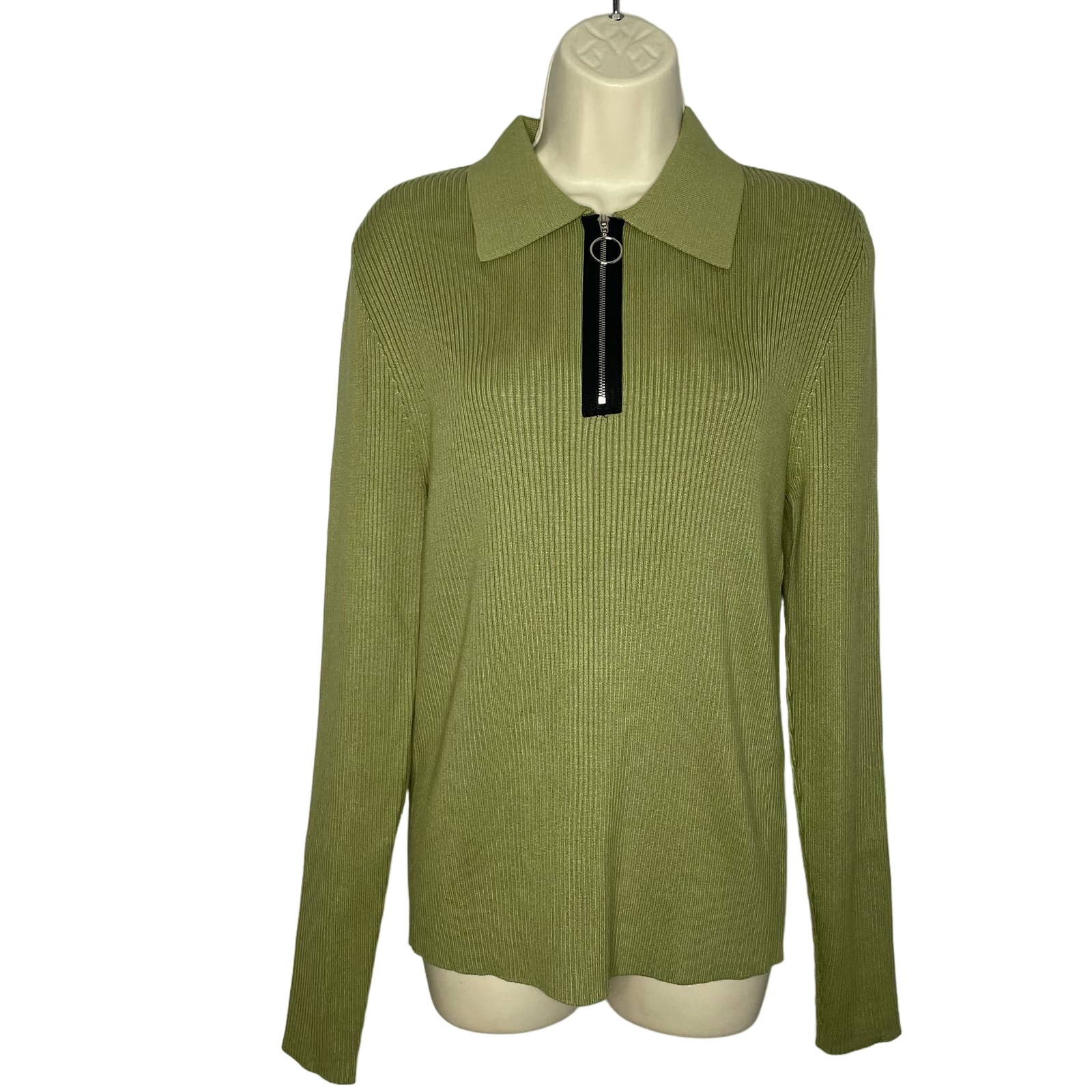 Fang Ribbed Long Sleeve Knitted Polo Exposed Zipper Sweater Unisex Large Green