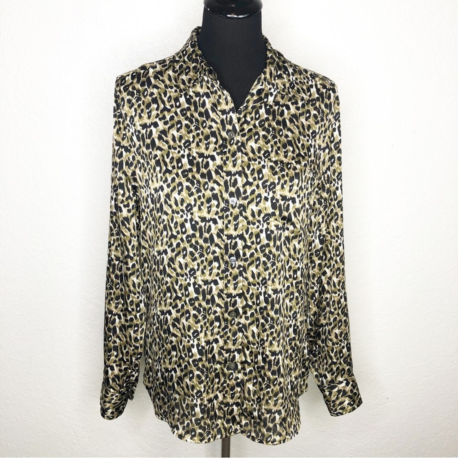 Equipment brown black tan leopard animal print button down top size Large