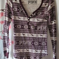 Victoria's Secret PINK Thermal Holiday Dog Logo Burgundy Long Sleeve PJ Size XS