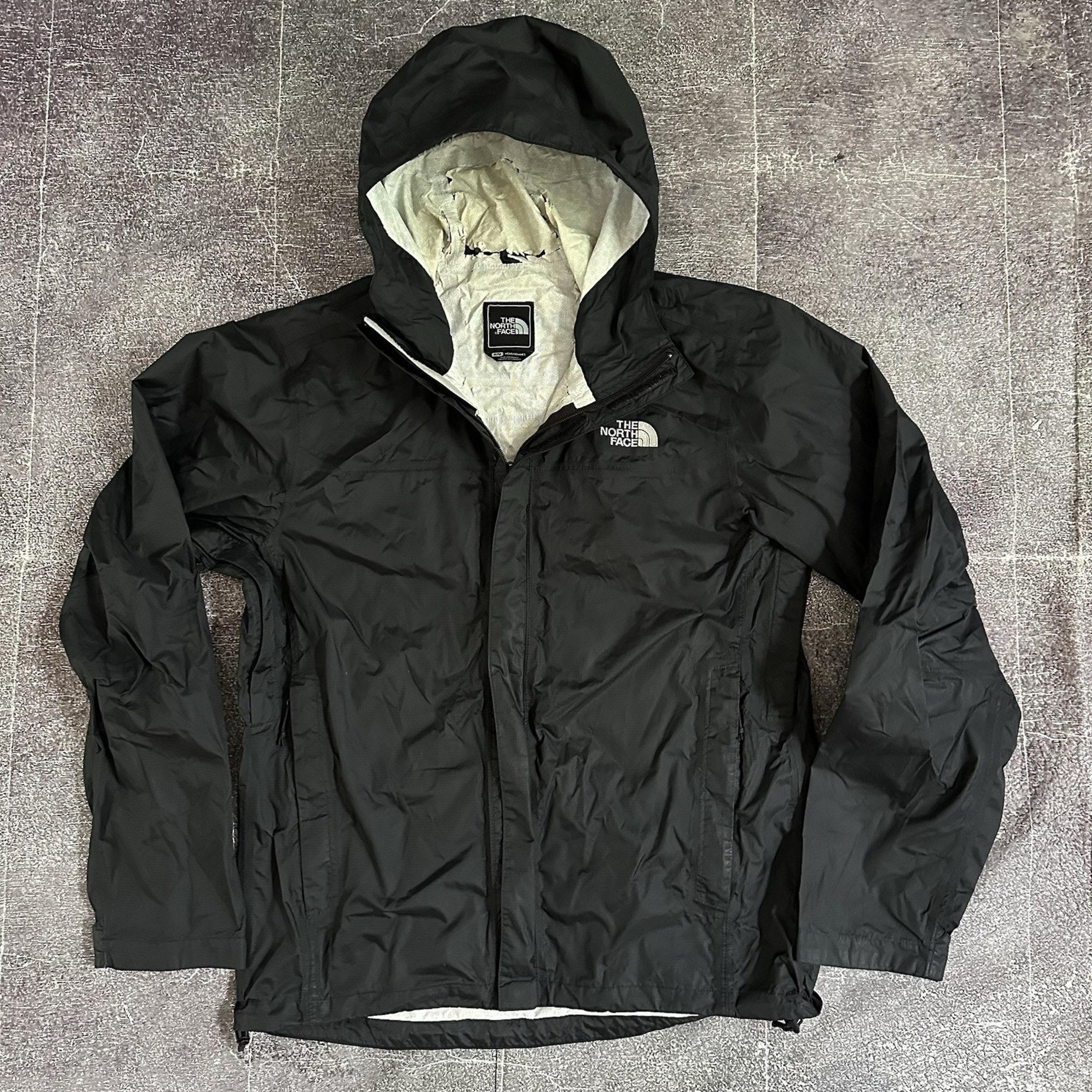 Men's The North Face Hyvent Black Lined Hooded Full Zip Up Rain Coat Jacket Sz M