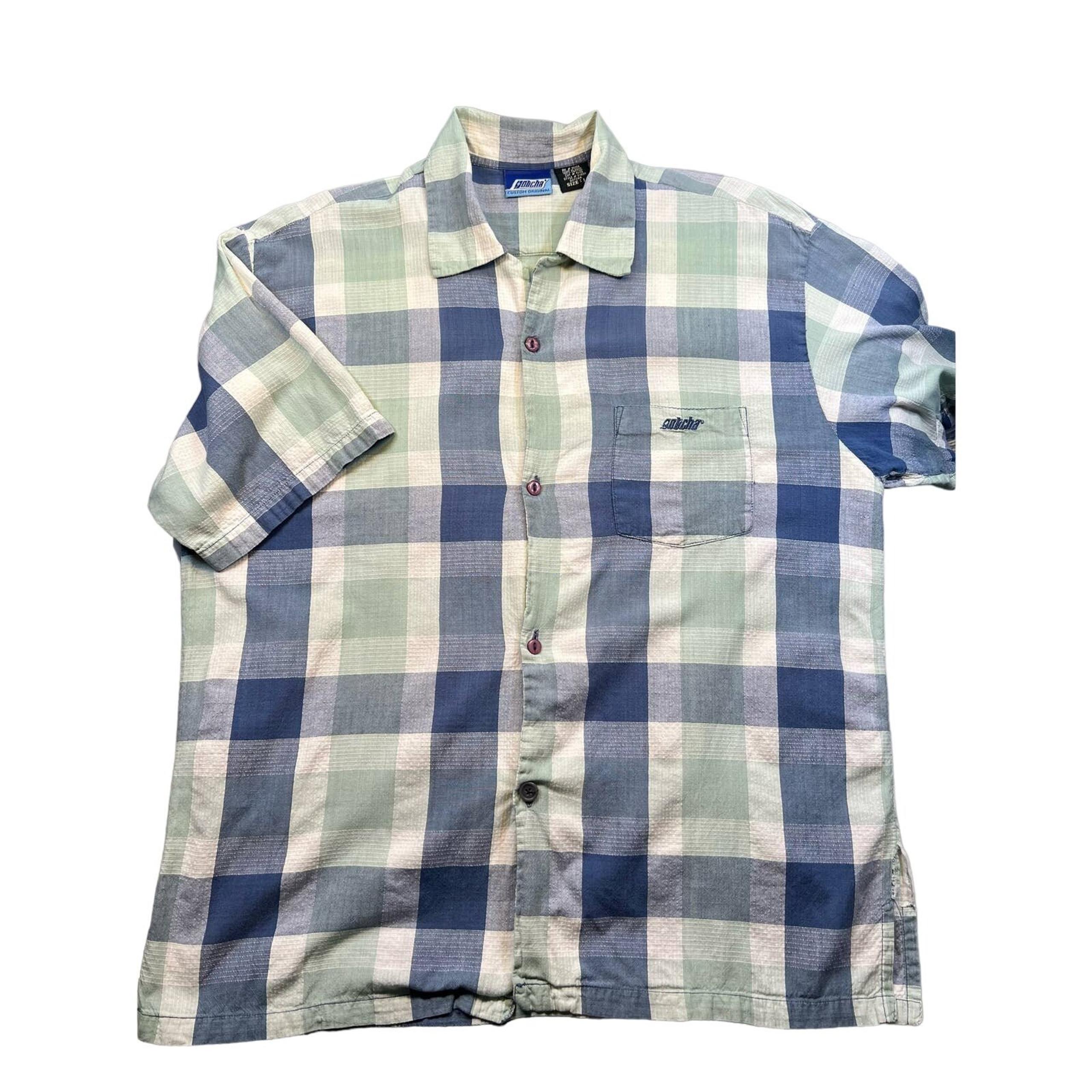 Gotcha Custom Original Button Up Shirt 100% Cotton Men L Blue Green Beach Surfer