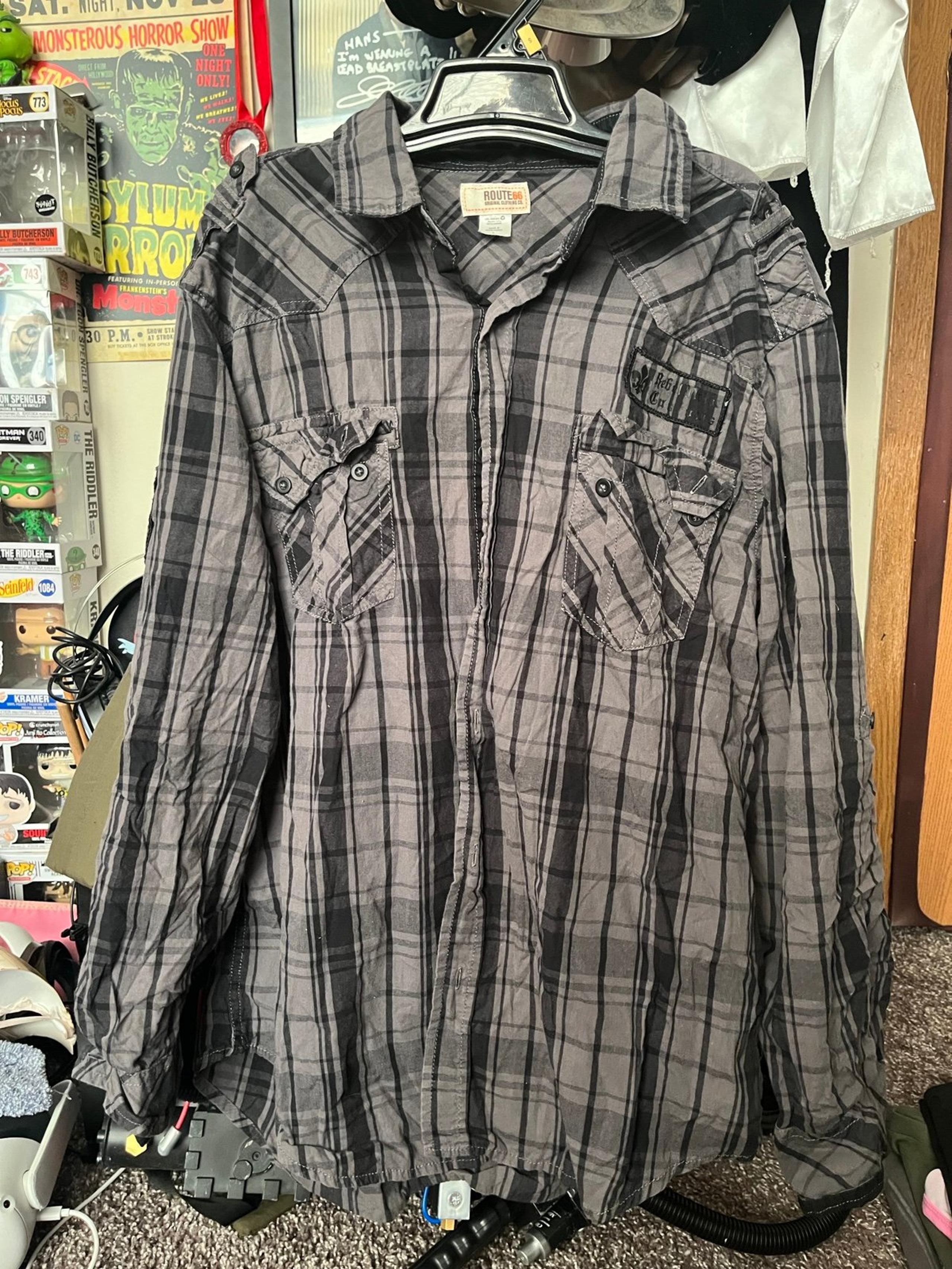 Route 66 Plaid Flannel Button Down y2k Grunge Grey Size Large Women’s