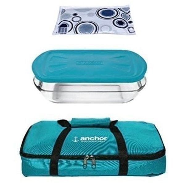 NWT Anchor Hocking 3Qt Essentials Bakentake Tote, medium Teal Blue & Clear