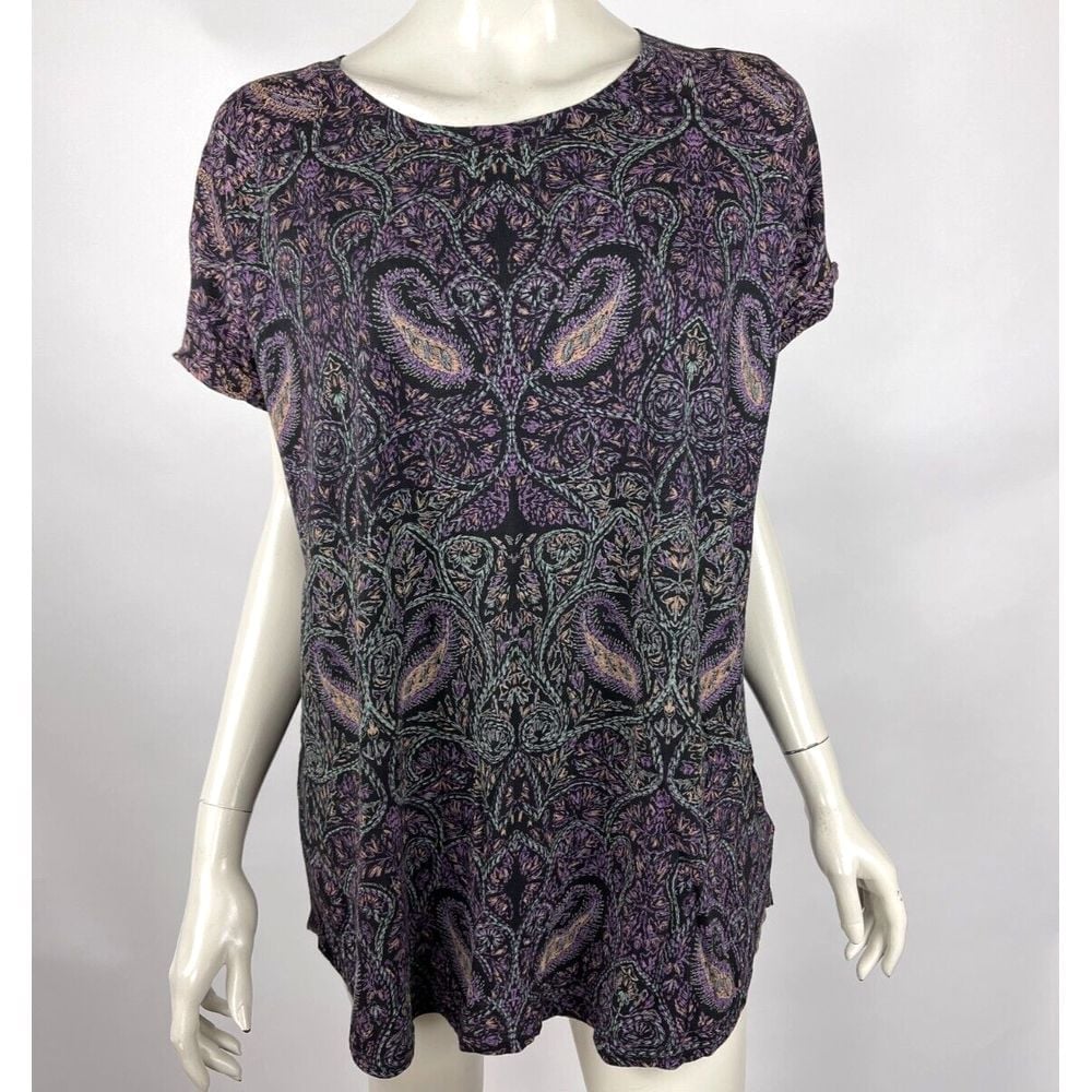 Lucky Brand Paisley Tee Shirt Women 1X NWT Scoop neck Stretch Cotton ShortSleeve