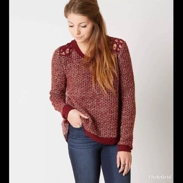 Miss Me Crochet Pieced Burgundy Sweater