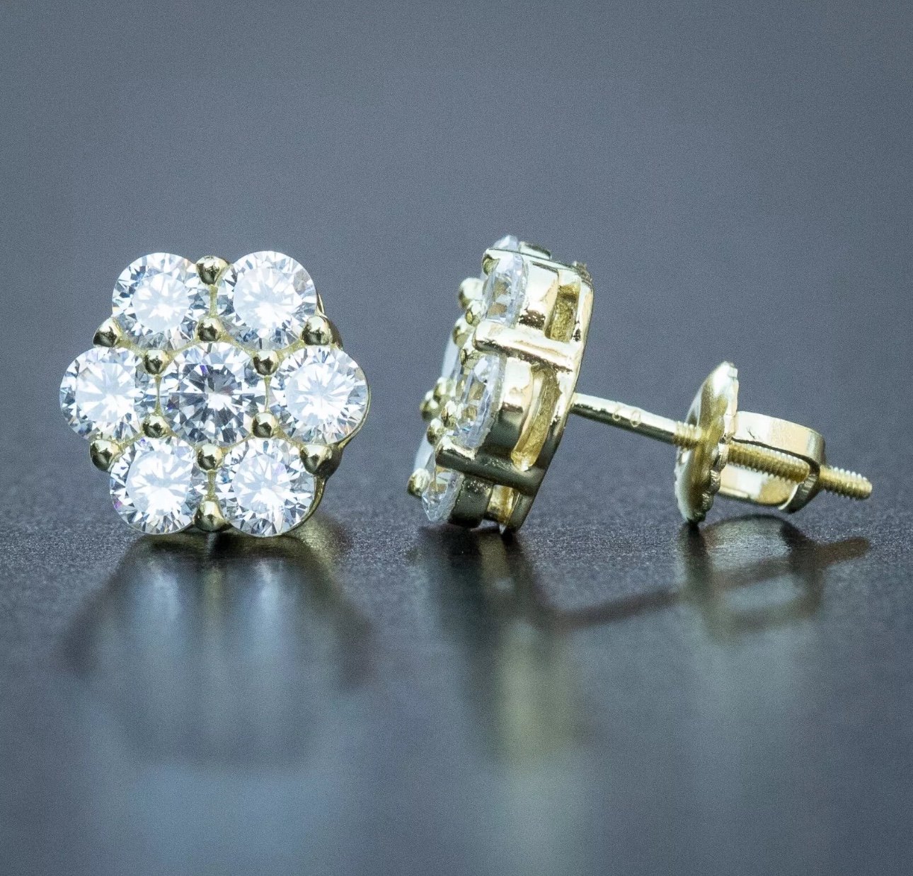 Iced 14K Gold Sterling Silver Round Flower Cluster Cz Stud Hip Hop Earrings SIZ