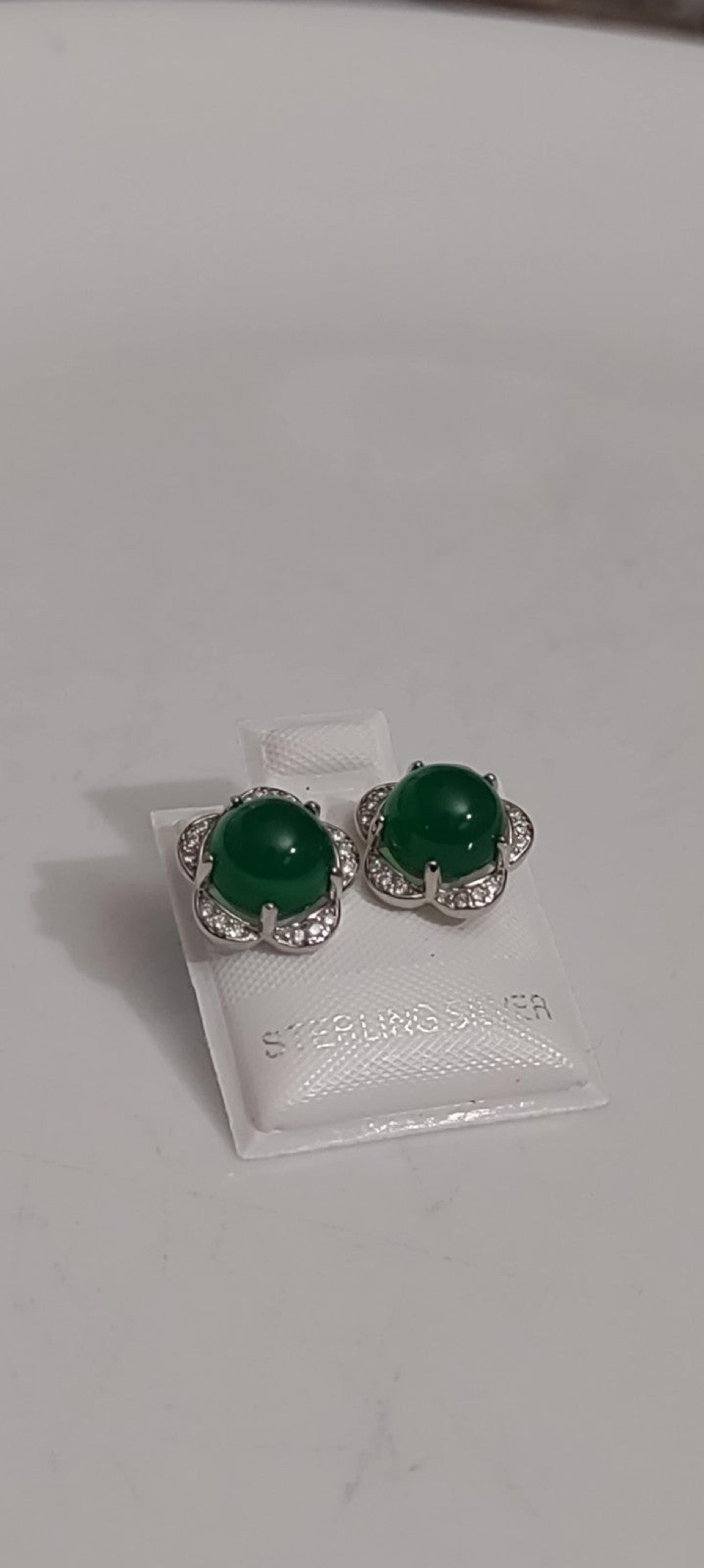 Green Jade and Sapphire 925 Sterling studs
