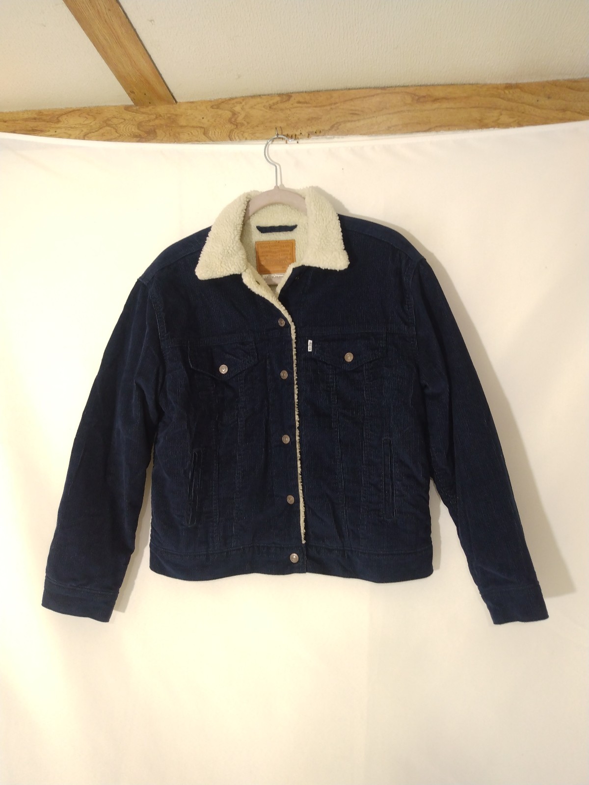 Mens Levis Premium Big E Navy Blue Sherpa Lined Corduroy Snap Jacket Medium