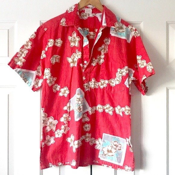 Vintage Barefoot in Paradise red Hawaiian shirt sz L