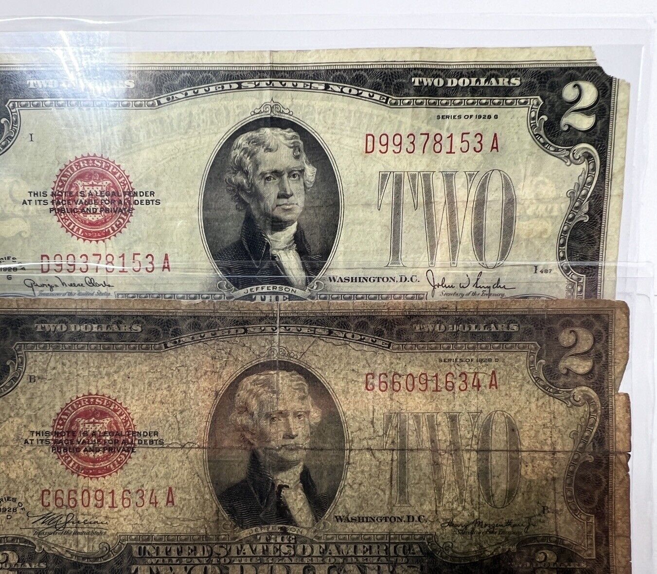 1928 D Red Seal 2 Dollar Bill - Antique Sepia Faded Note - Old Money + Sleeves