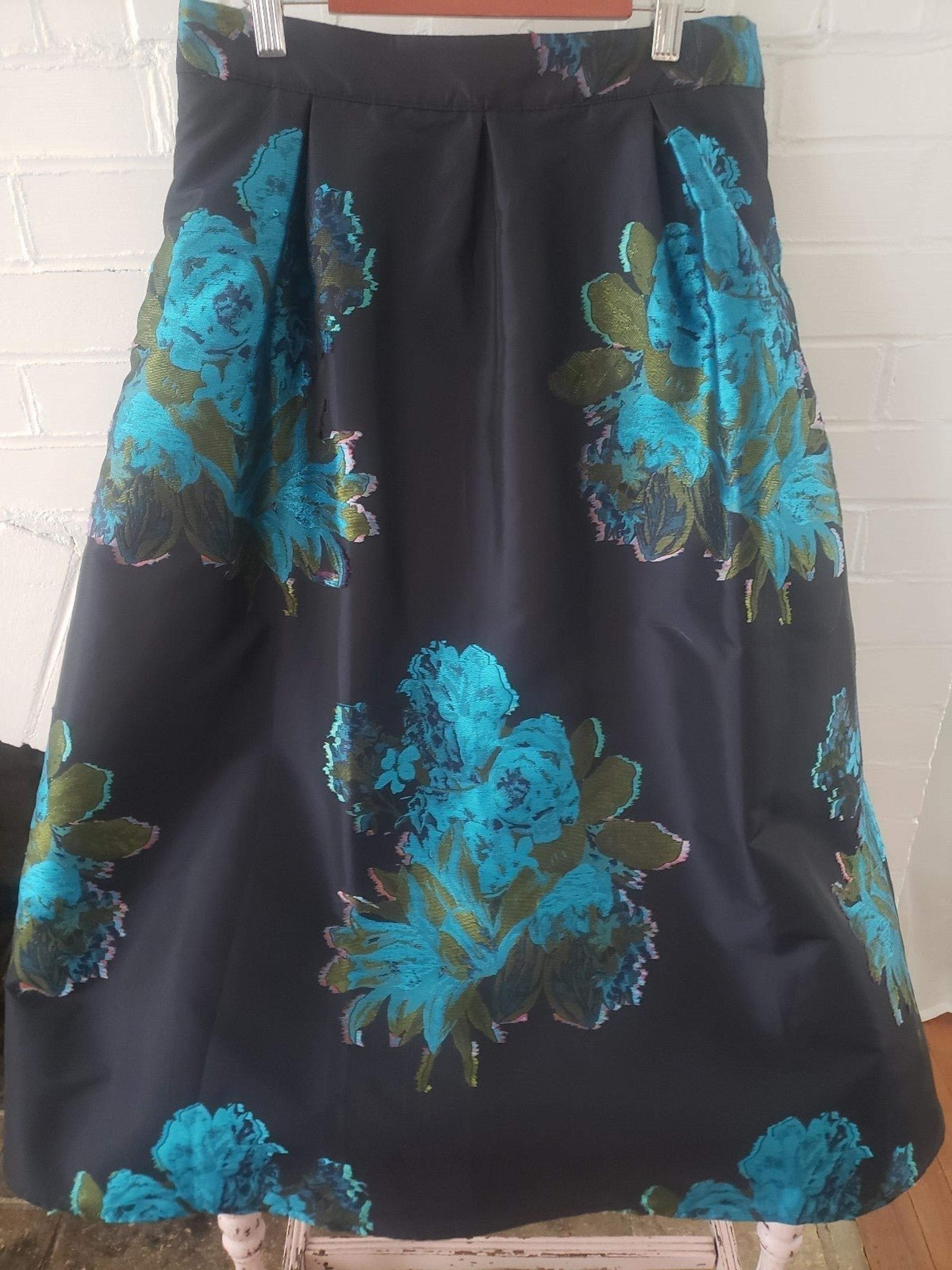 Anthropologie Maeve Ronette Jacquard Midi Skirt Dark Grey Blue Floral Women's 6