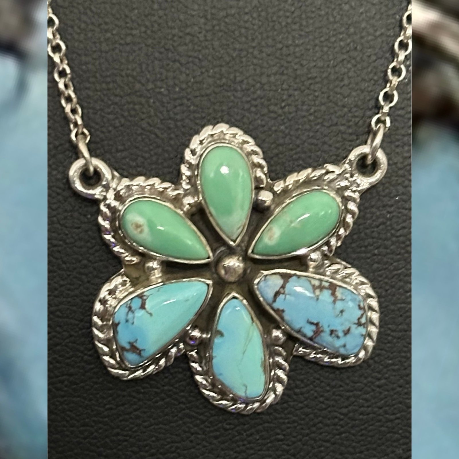 Golden hills turquoise flower cluster southwestern sterling silver necklace