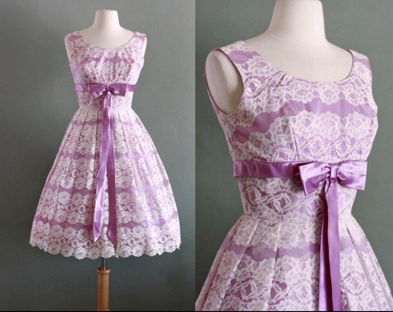 1950s vintage XS/S Scalloped Lace Big Bow gown, lilac