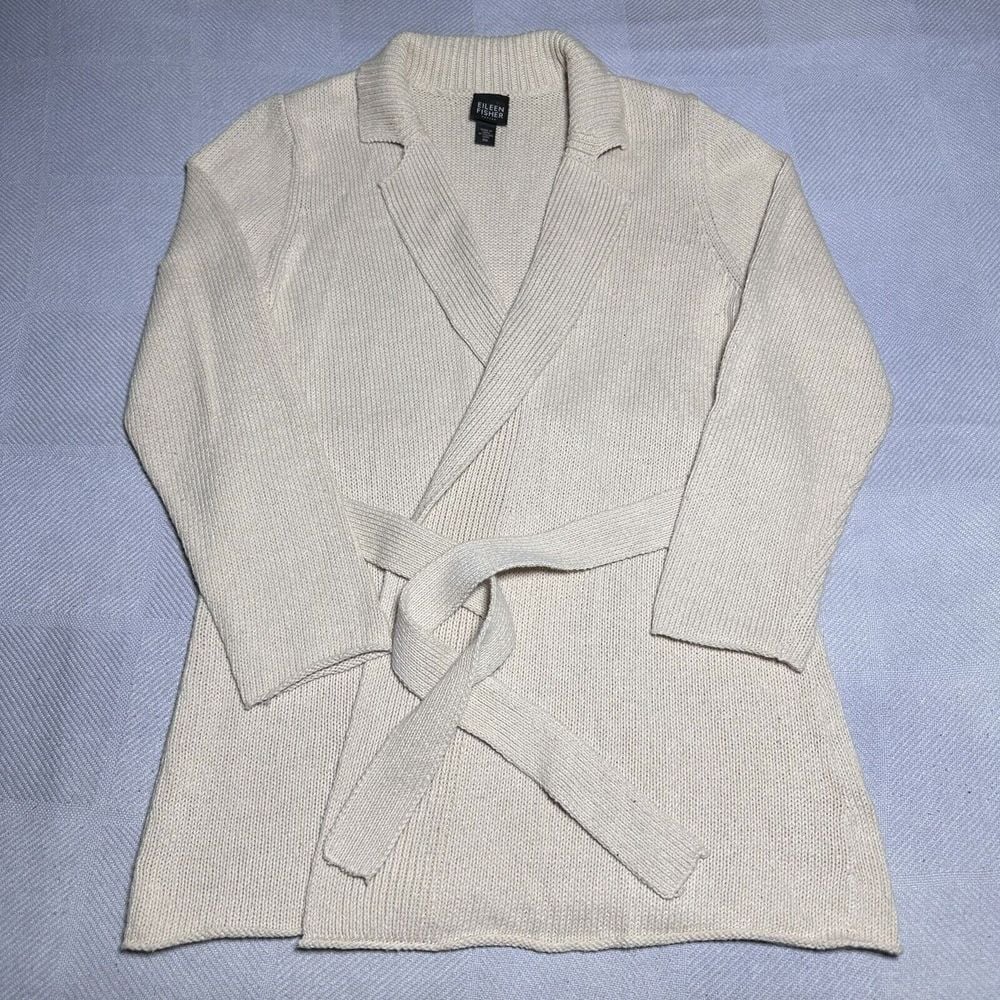 Eileen Fisher Light Brown Hemp Cotton Belted Cardigan Women's Petite Medium
