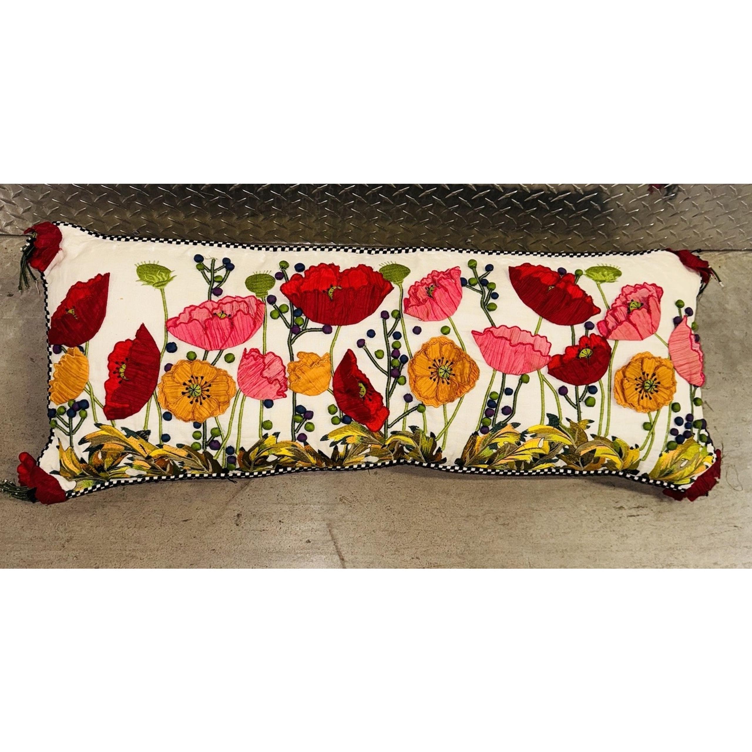 MacKenzie Childs Bold Red Poppy Flowers Lumbar Pillow Linen Silk 36x15