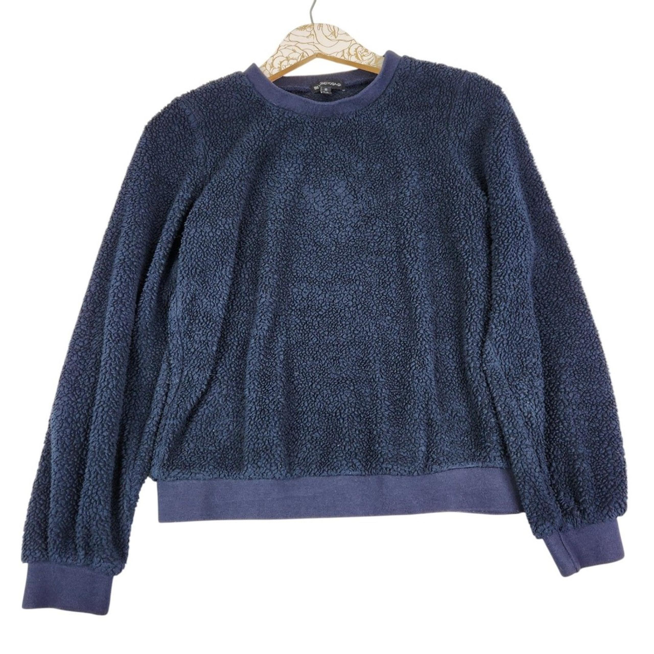 BEYOND YOGA Sweater Womens XS Blue Faux Fur Fleece Pullover Crewneck Cozy USA