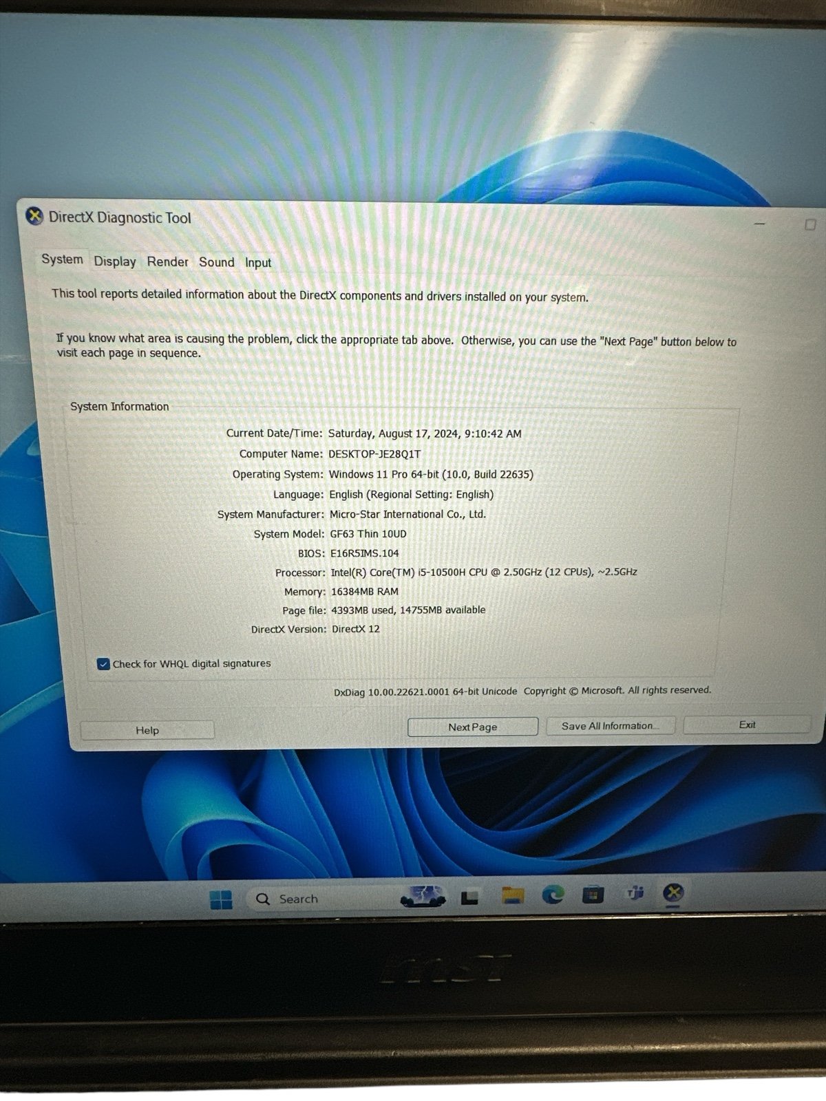 MSI MS-16R5 Gaming Laptop 15.5" I5 10500H 2.5GHZ 16GB 2TB SSD WIN 11 HOME - detail