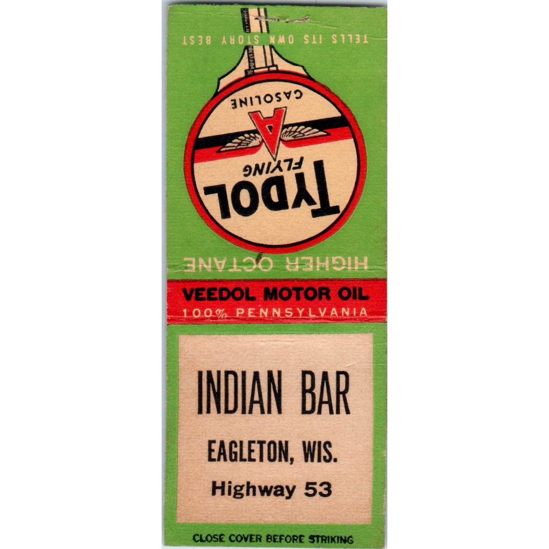 Indian Bar Eagleton WI Tydol Flying A Gasoline Vintage Matchbook Cover SF4-Y1