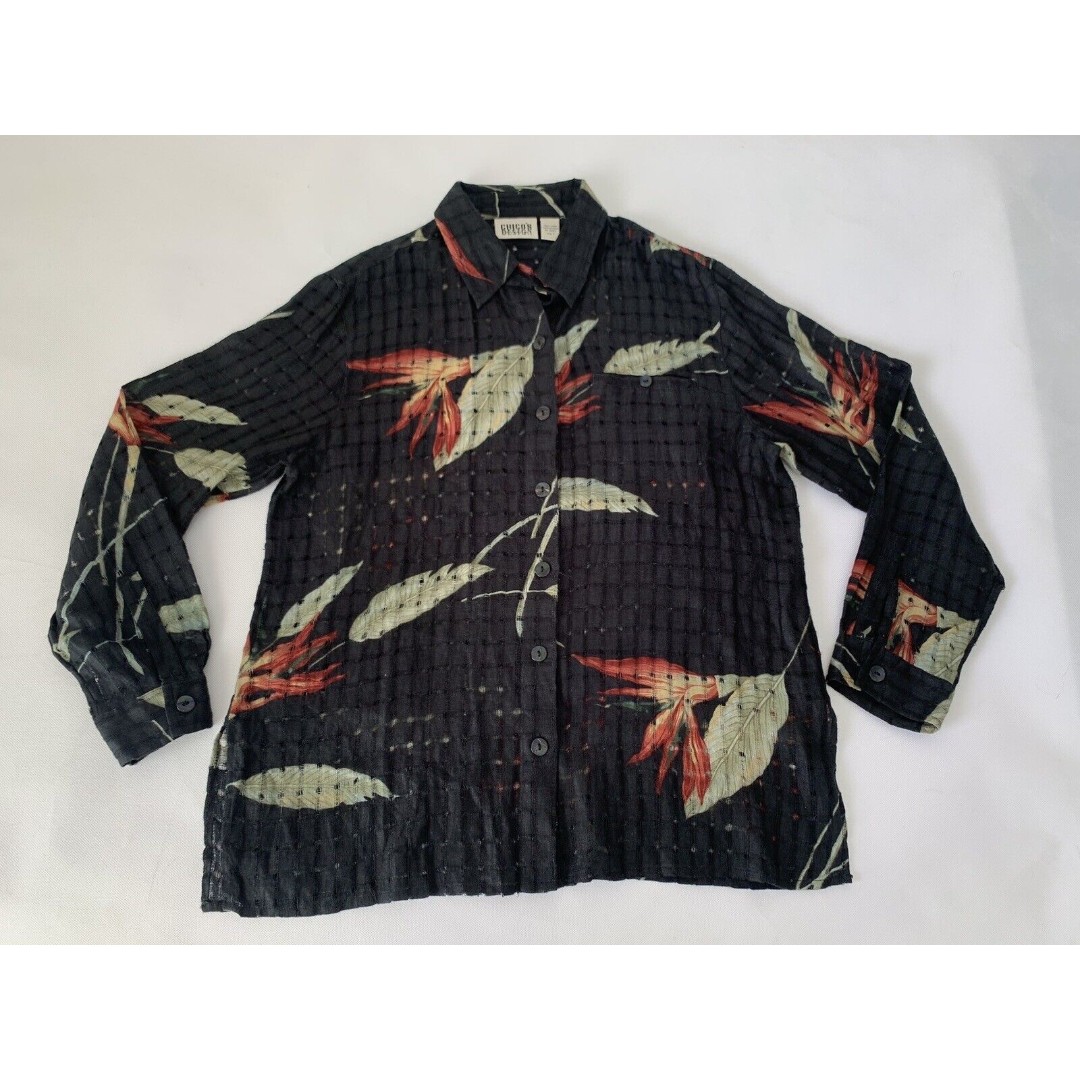 Chicos Design Shirt Women S 100% Linen Black Red Tropical Floral Sheer Vacation