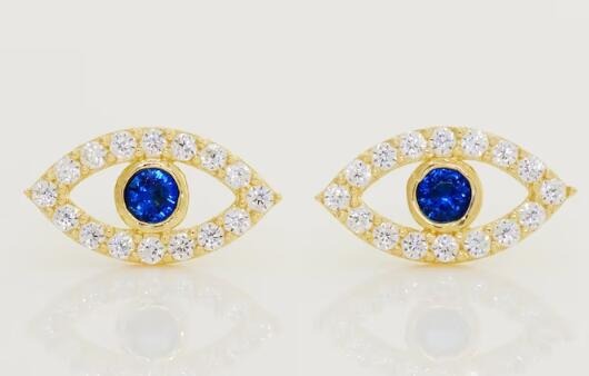 14K REAL Solid Gold Evil Eye Sapphire Stud Screw-back Baby Earrings, Diamond CZ
