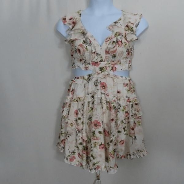 Emprada White Floral V-neck Cut-out Mini Dress Medium
