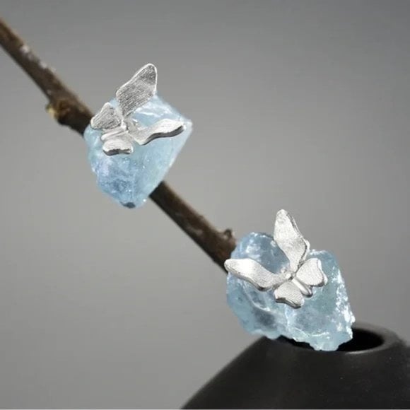 925 Silver Artisan Handmade Natural Aquamarine Butterfly - The Azure Earrings