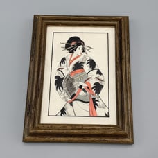 Framed Geisha Girl in Kimono Robe Fan Etched Art D R Mueller Signed Faux Marble