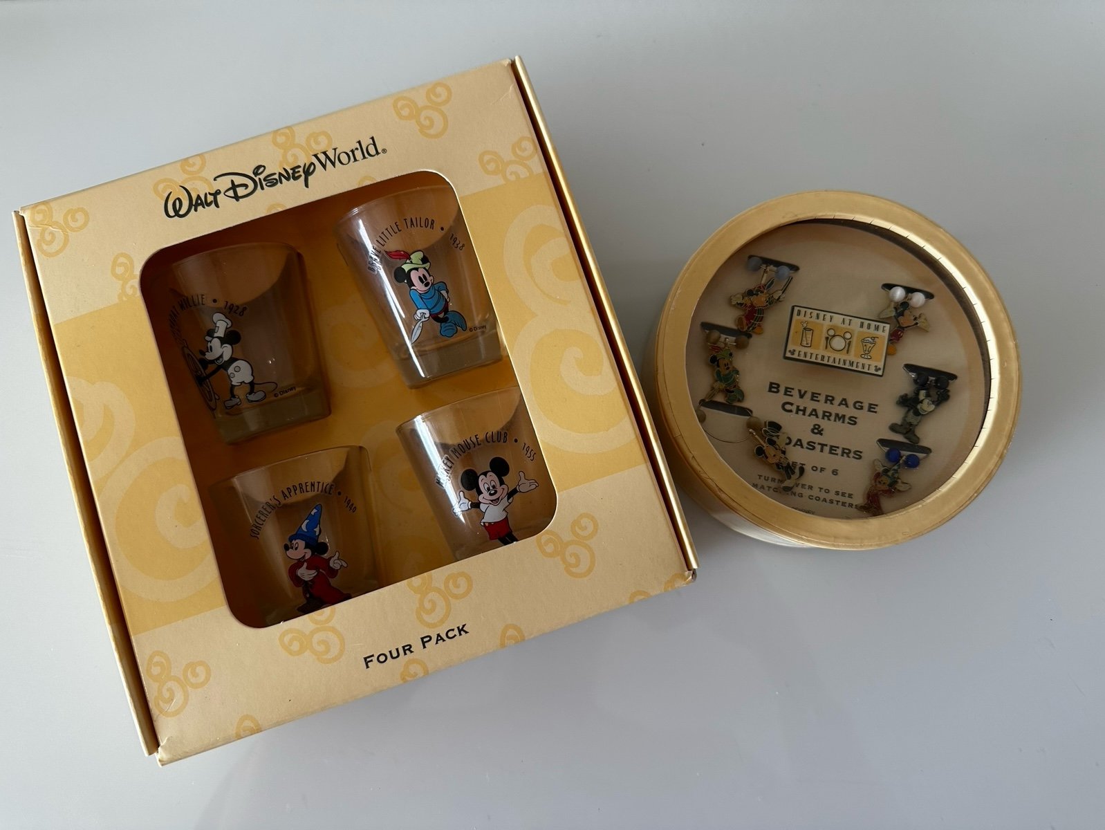 Vintage DisneyWorld Mickey Shot Glass Set, Beverage Charms & Coasters