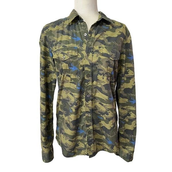 Zadig & Voltaire Green Camouflage Print Long-Sleeve Button-Down Sz Medium