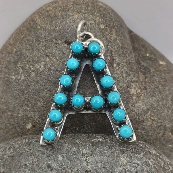 Native Southwest Style Sterling SilverTurquoise Initial Letter A Pendant