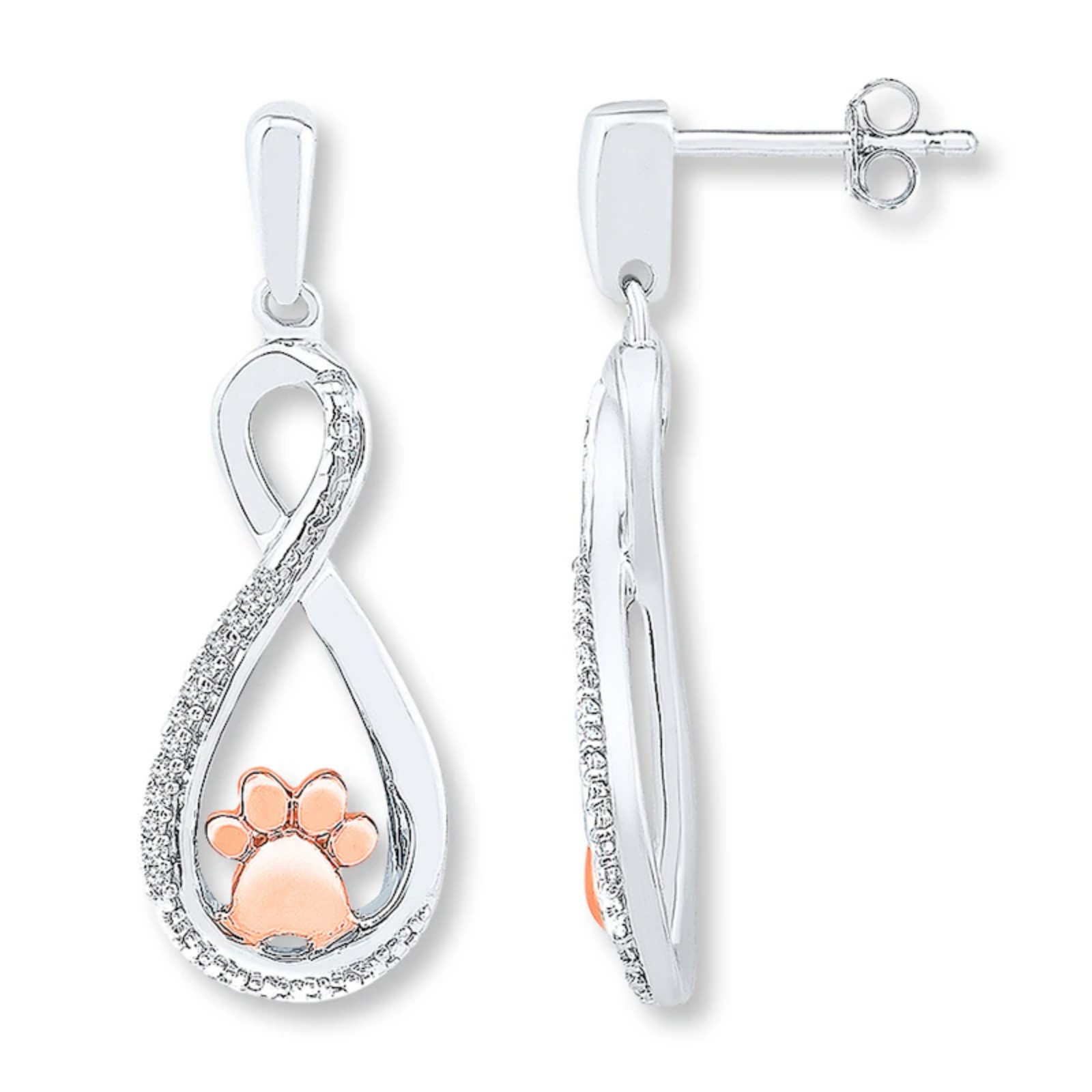 Kay's Paw Print Dangle/Drop Earrings 1/20 Ct Sterling Silver & Rose Gold
