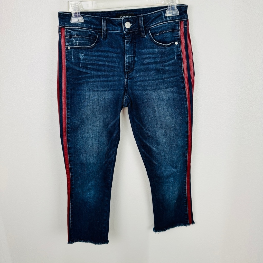 BEBE Heartbreaker Skinny Jeans Womens 27 Blue Denim Capri Mid Rise Side Striped